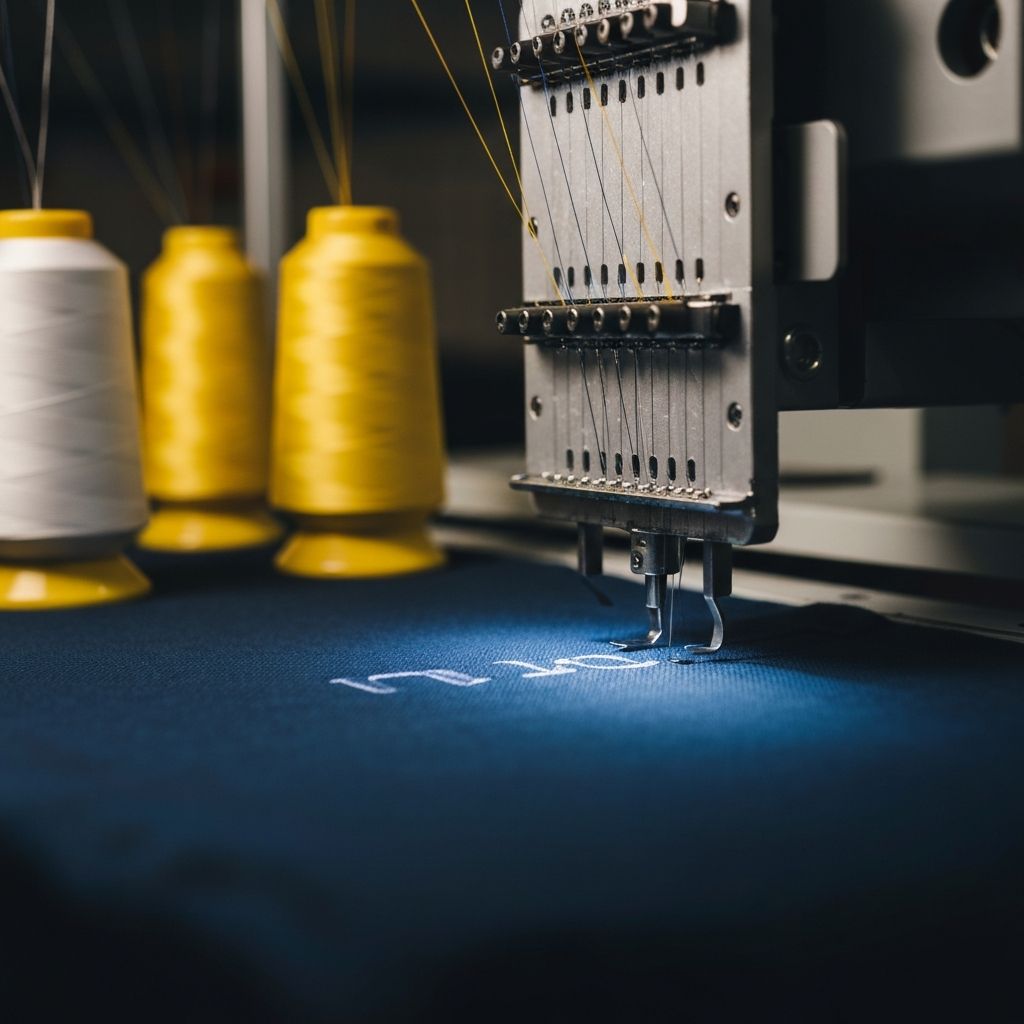 Stickmaschine bei der Veredelung von Arbeitskleidung